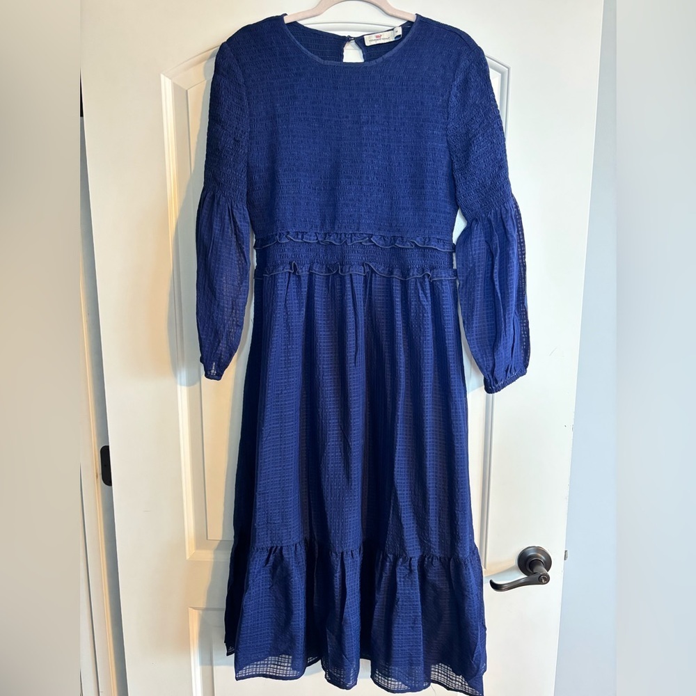 Vineyard Vines women’s medium navy smocked midi silk dress with ruffles